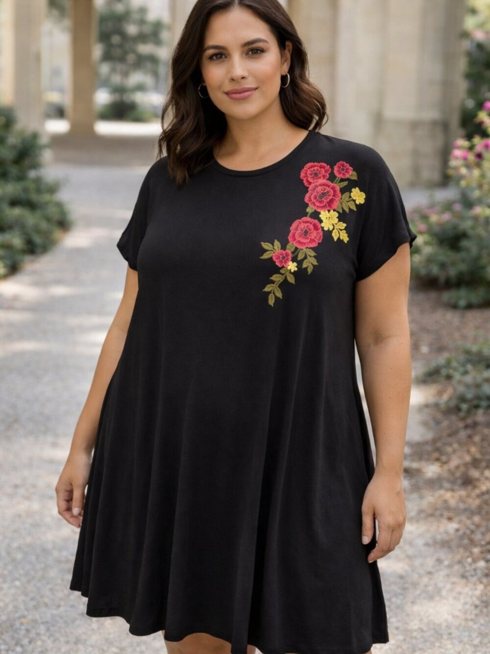 Boutique+ Floral Embroidered Dress Black Swing Short Sleeve Plus Size 1X